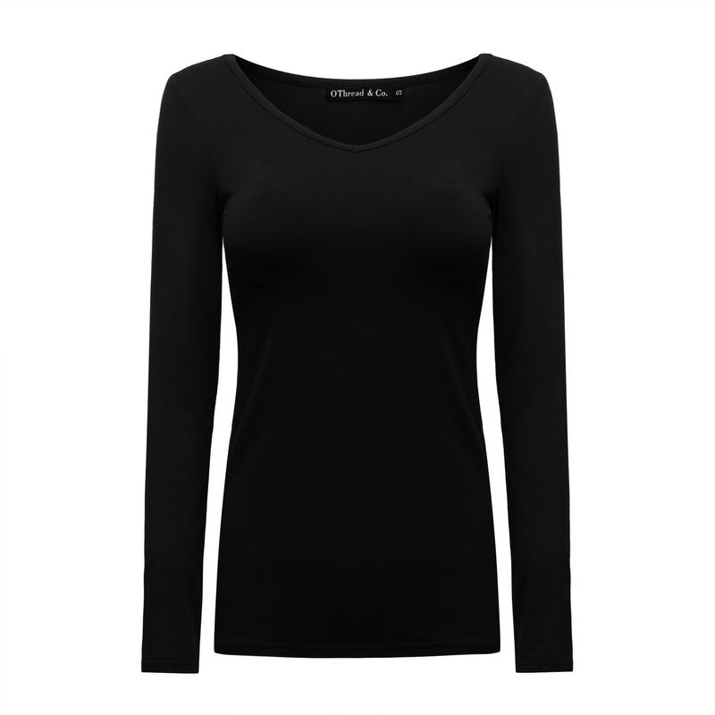 OThread & Co. Women's Long Sleeve T-Shirt V-Neck Basic Layer Stretchy Shirts (Small, Black) - Image 1